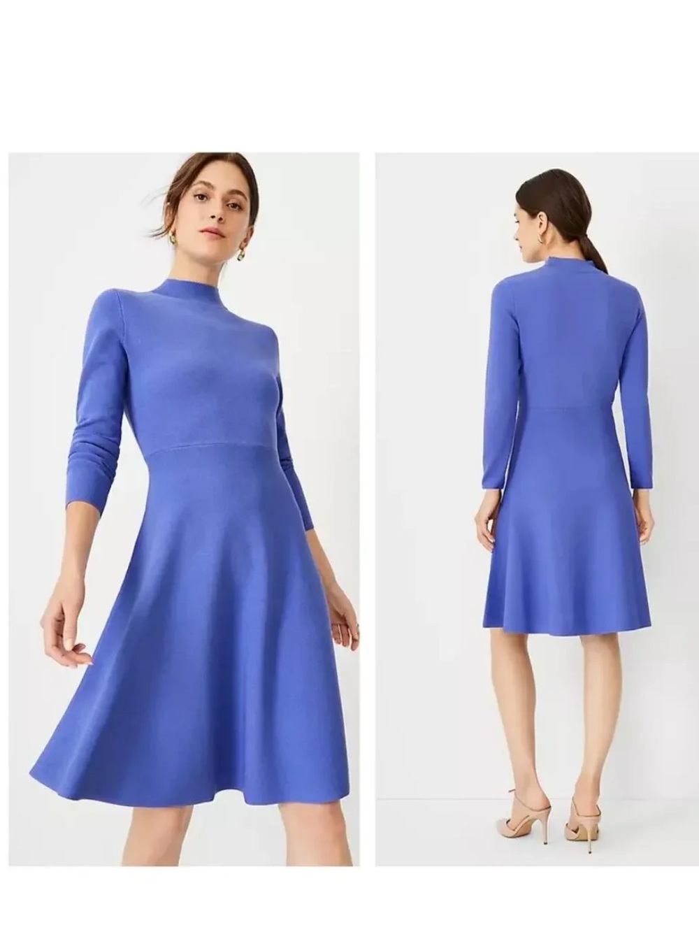 Ann Taylor Periwinkle Blue Mock Neck Sweater Dress Long Sleeve Flare Fit XL